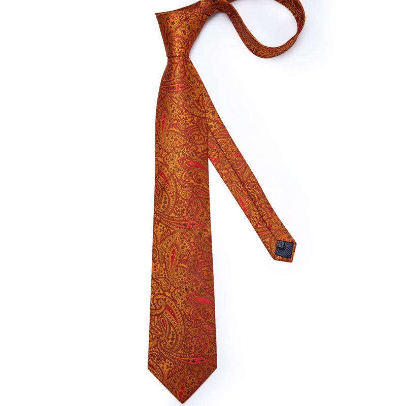 DiBanGu Paisley Ties for Men Silk Necktie and Pocket Square Cufflinks Tie Clip Set Woven Classic Mens Tie for Wedding Party, Burnt Orange - Image 4